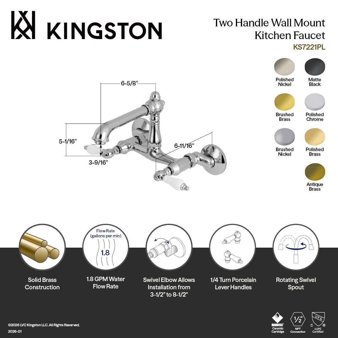 Kingston Tulare KS7226PL - English Country Two-Handle 2-Hole Wall Mount Bridge Kitchen Faucet, Polished Nickel — thumbnail 2